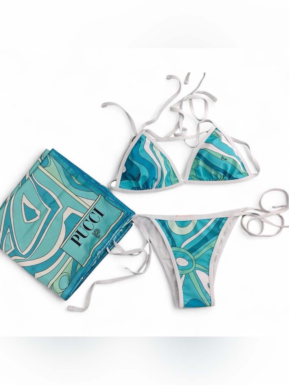 Emilio Pucci Inspired Teal Swirl Triangle Bikini with Matching Scarf Included